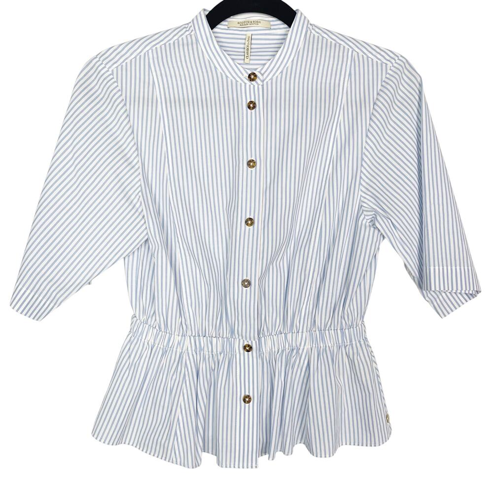 Scotch & Soda Womens Small Blue White Striped Gathered Waist Button Down Blouse